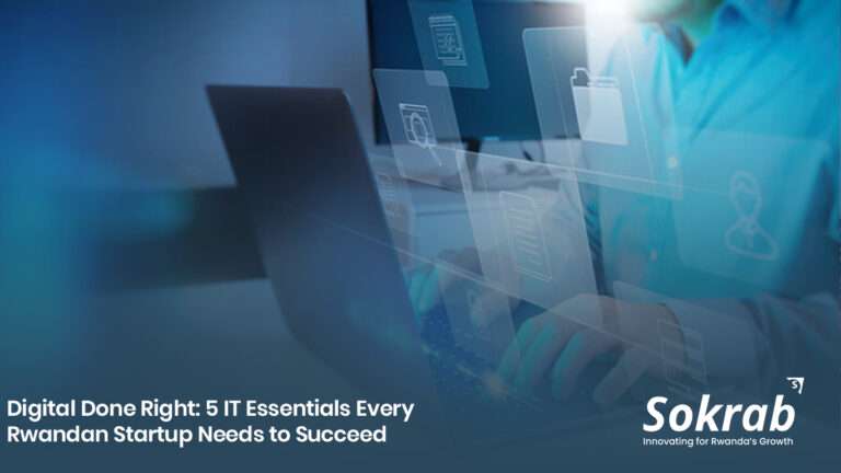 Illustration of IT essentials for Rwandan startups, showcasing reliable infrastructure, cybersecurity, and digital tools for success.