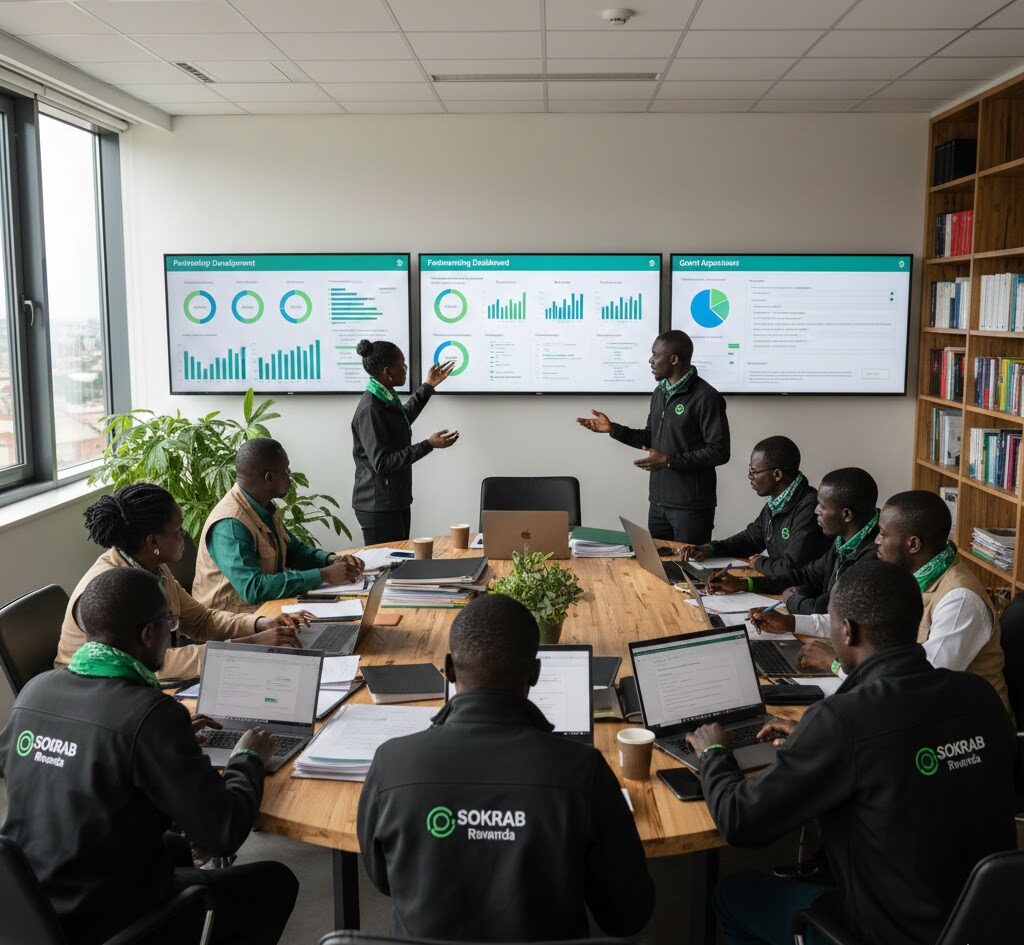 Abstract visualization of financial growth and strategic partnerships for NGOs in Rwanda using interconnected gears and rising bar charts.